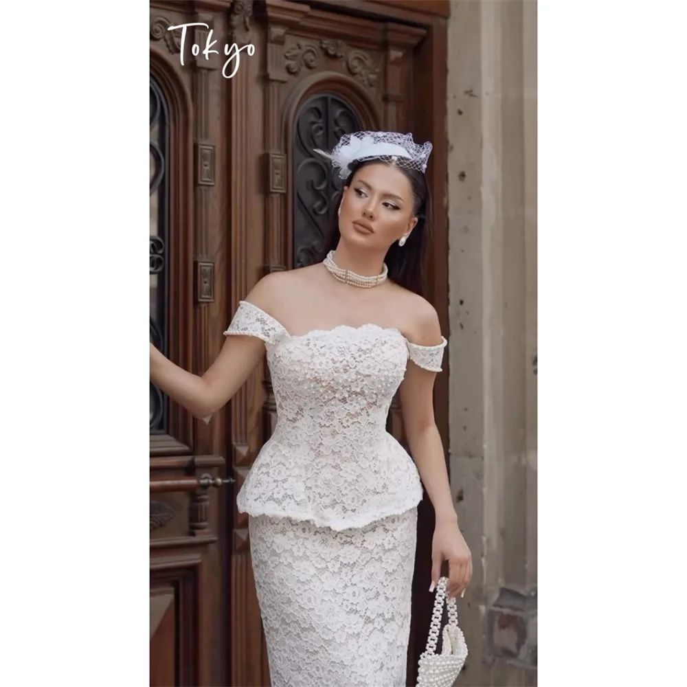Tokyo Peplum Waist Off Shoulder Cocktail Dress Floral Lace Bodycon Fit Wedding Guest Dress Tea Length Elegant Evening Party Gown