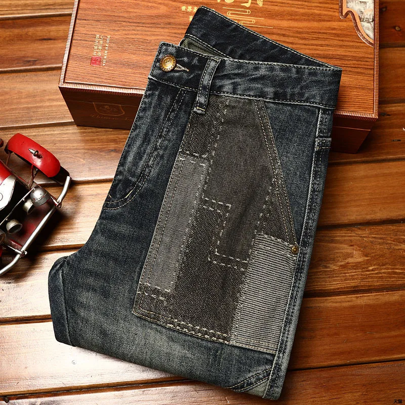 Heren Motorfiets Jeans Stiksel Patch Fashion Street Fashion Retro High-End Stretch Persoonlijkheid Slim Fit Skinny Broek