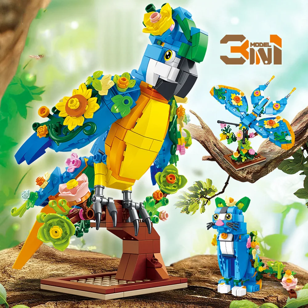 3 IN 1 Parrot Bird Model 408pcs Butterflies Cat 3 Transform Building Block Sets MOC Animal Creative Toys For Kids Boys Gift