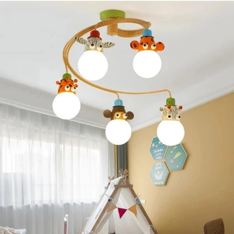 Nordic Multiple Heads Led Children Pendant Lamp For Bedroom Study Toy Room Aisle Wrought Iron Resin Animal Lighting Chandelier