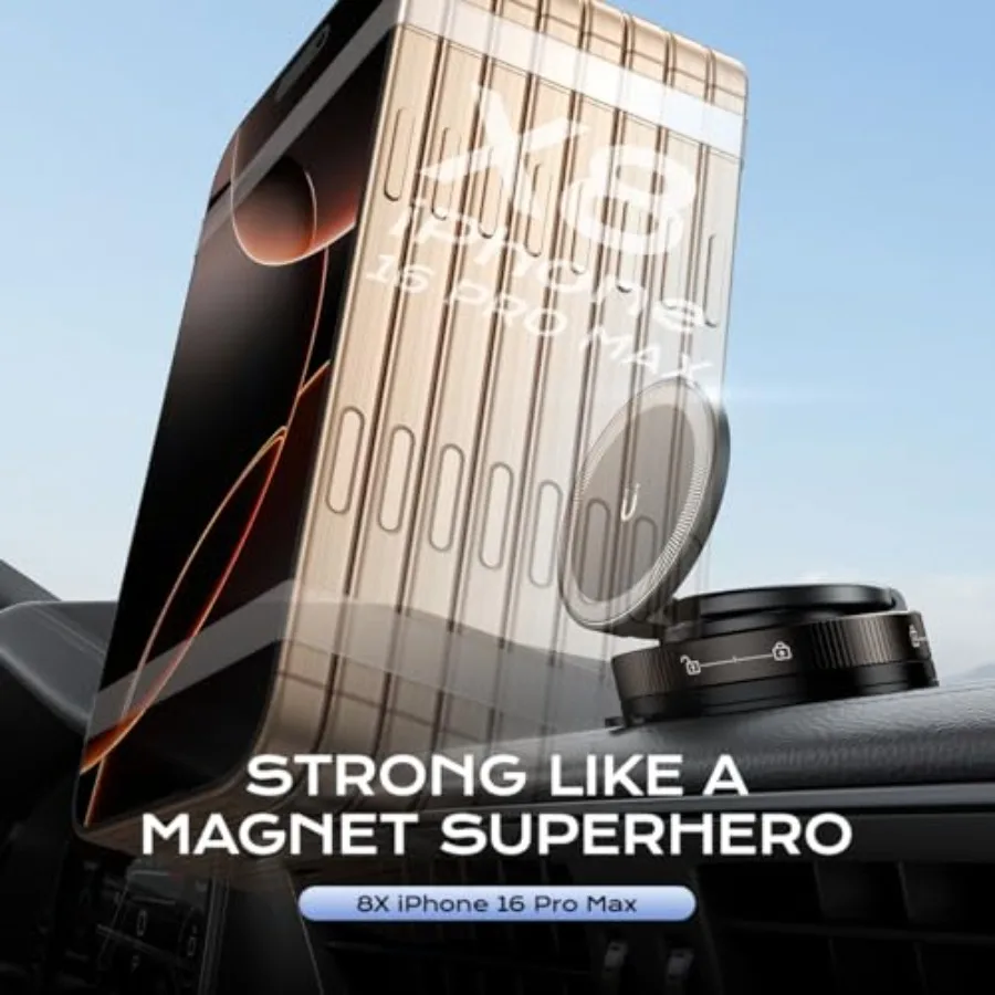 360度回転調整可能なマグネット式車載スマホホルダー、強力な吸盤ベースと折りたたみ式デザインで車内や化粧ルーティンに最適