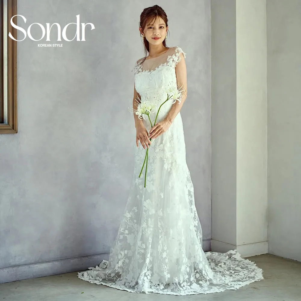 Sondr винтажные кружевные японские свадебные платья с овальным воротником, свадебное платье без рукавов, свадебные платья со шлейфом по индивидуальному заказу