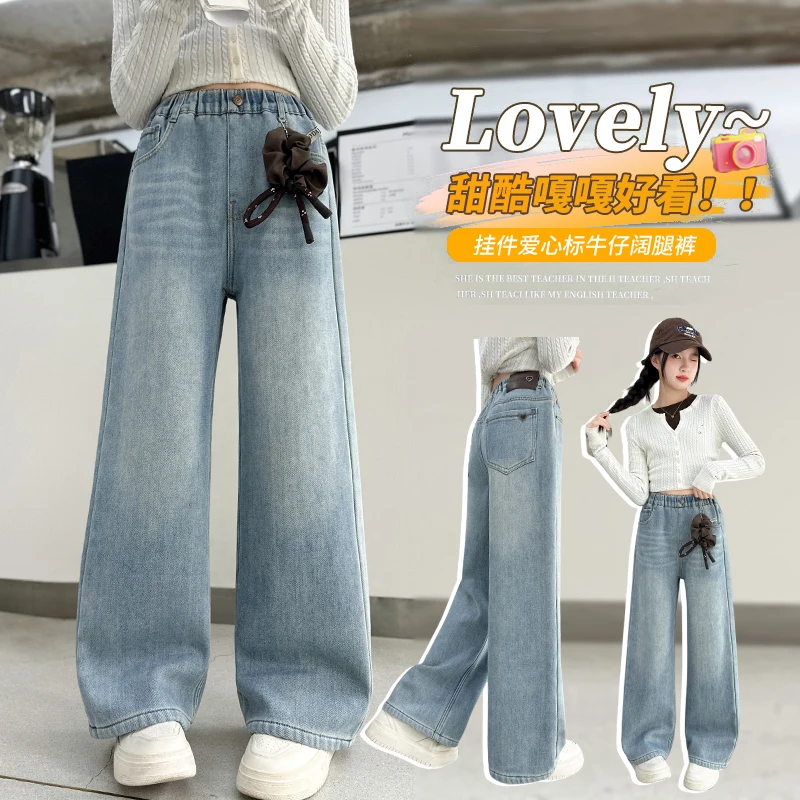 

Spring Autumn Young Teenager Girls Denim Pants Elastic Waist Youth Girls Trousers Loose Casual Trend Children Girls Blue Jeans