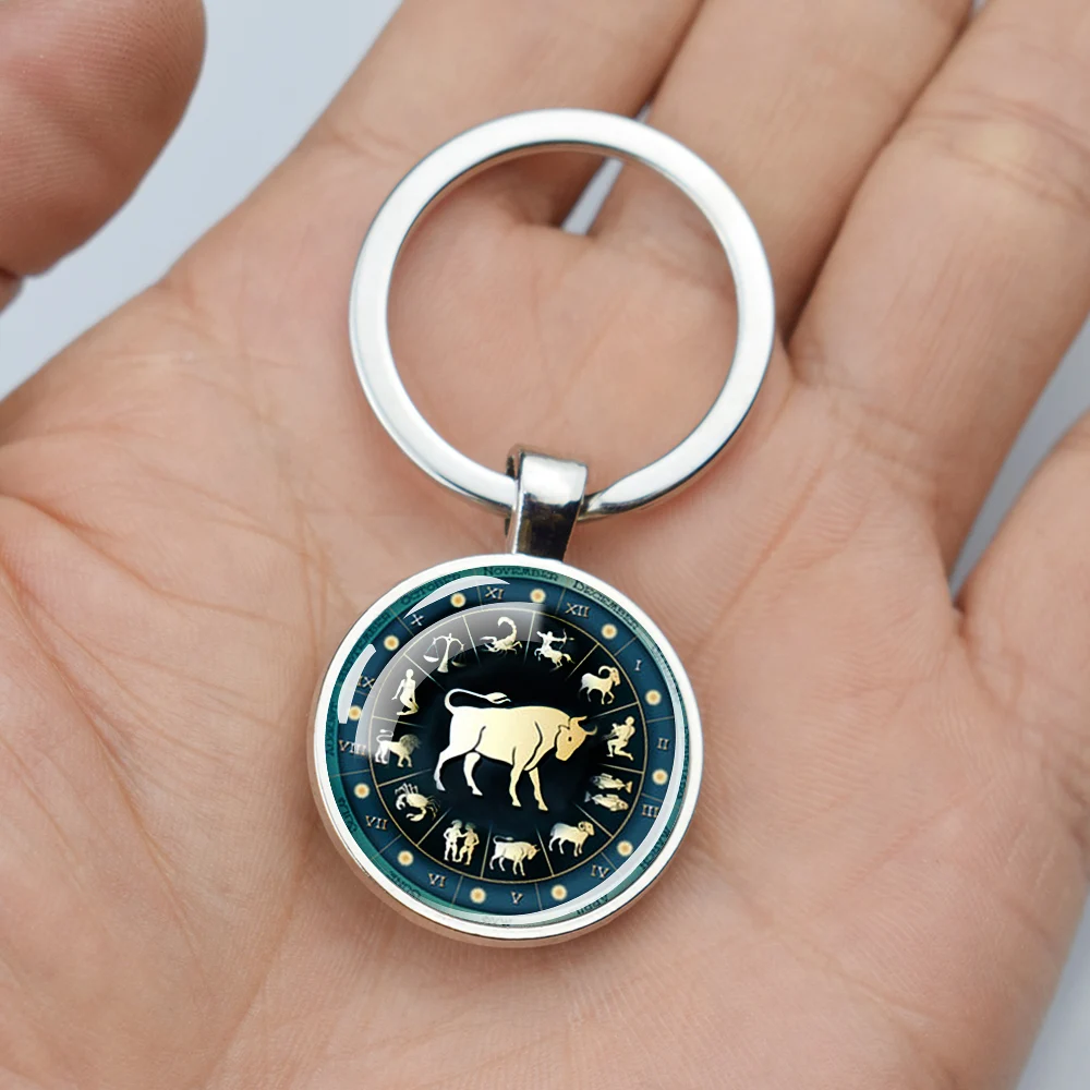 12 Constellation Keychains Luminous Zodiac Sign Glass Dome Double Side Pendant Key Chains Birthday Gift Car Keyring  Accessory