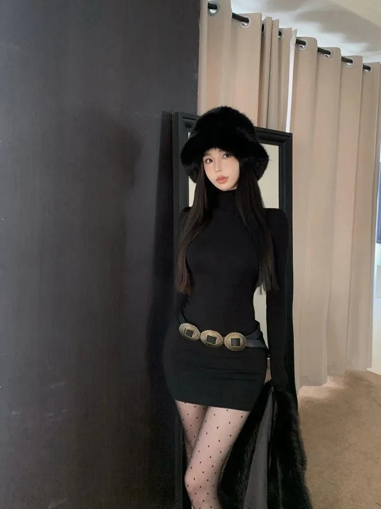 فستان أسود قصير بياقة مدورة للنساء للخريف مثير نحيف مع حزام وأكمام طويلة فستان قاعدة Y2K ملابس الشارع الشهير للحفلات الليلية #4