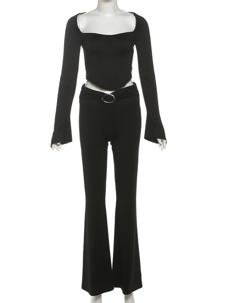 Nibber Sexy 2-teiliges Set für Damen, niedriger Ausschnitt, lange Ärmel, gefälschte Fishbone-Dekoration, rückenfreies Crop-Top + Falten, Metallbesatz, Hose, klassische Anzüge