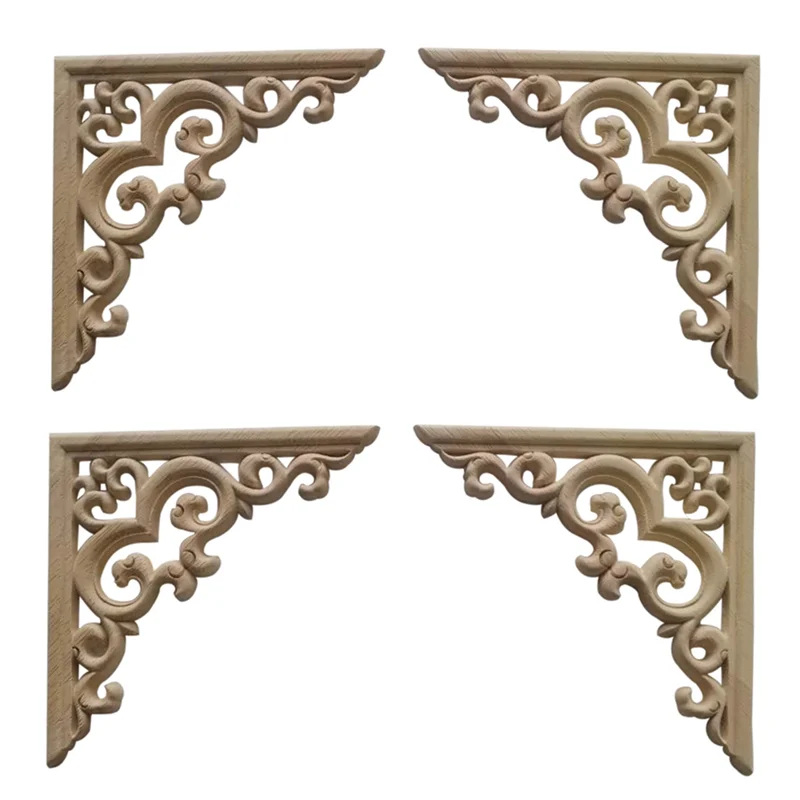 4PCS Unpainted Wooden Mouldings Decal European Wood Appliques for Furniture Cabinet Flower Wood Carving Decorative 12Cm