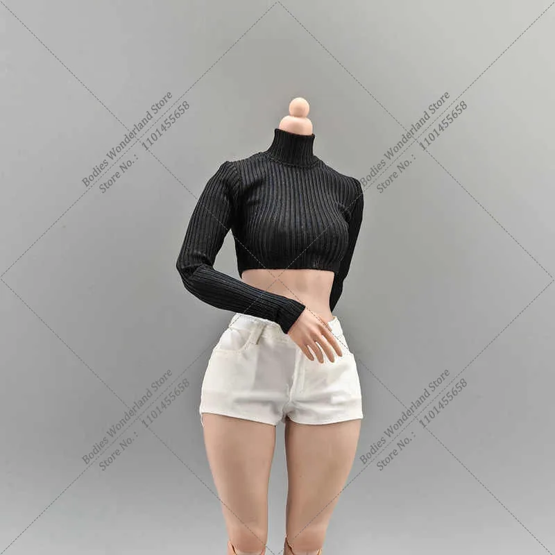 YEESENYIYI Black White Color 1/6 Scale High Elasticity Tight Women's High Neck Long Sleeved Short T-shirt for 12In Action Figure