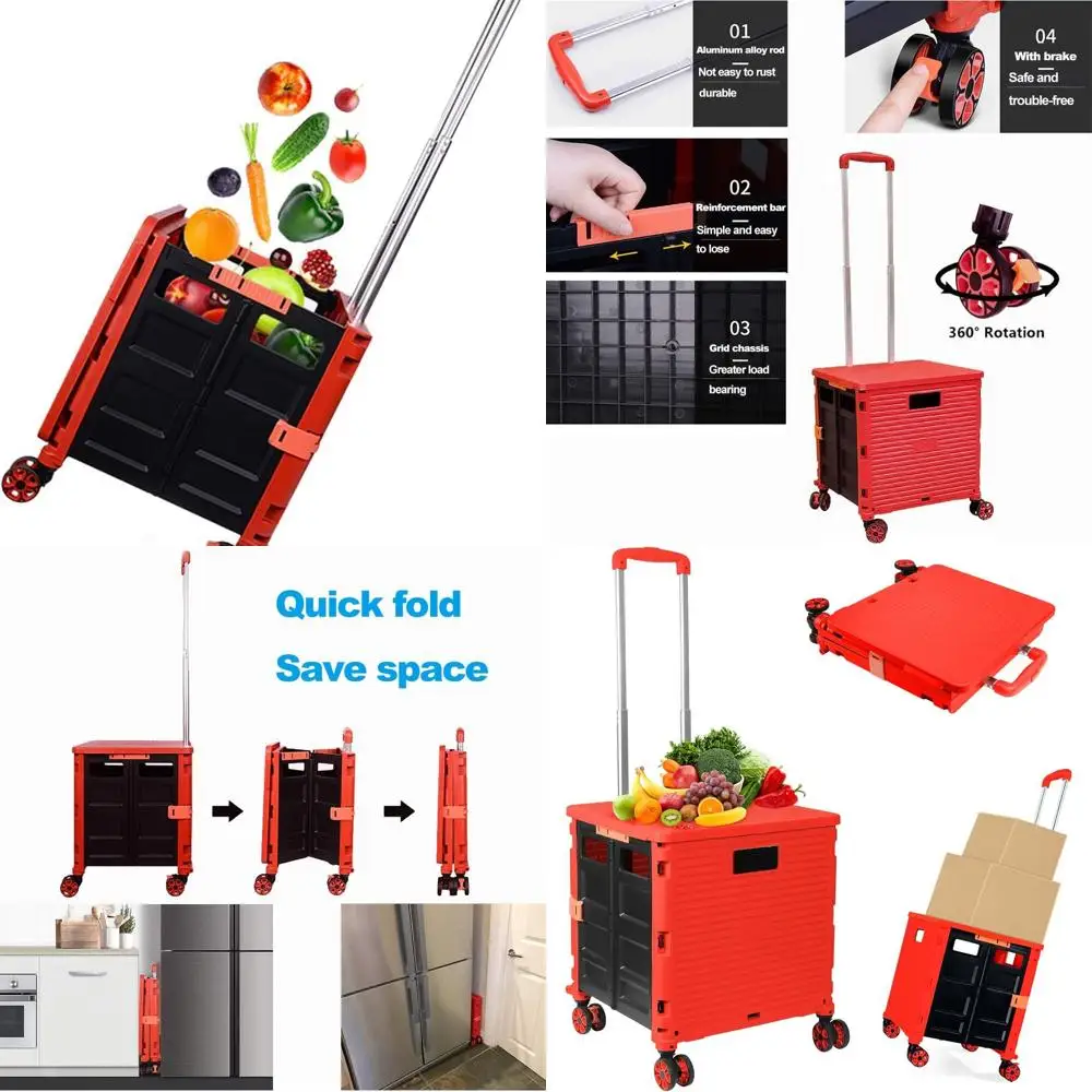 

Collapsible Rolling Utility Cart with Lid, 360° Swivel Wheels for Shopping, Storage, and Office Use (Red)
