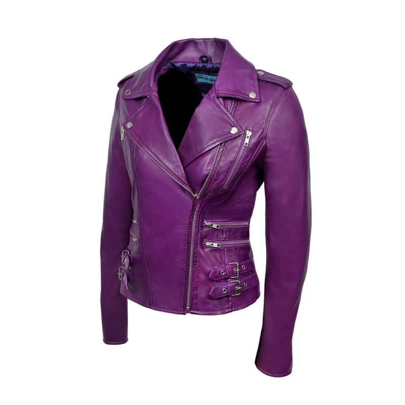 

New Women Genuine Lambskin Leather Jacket Biker Outdoor Wear Stylish Purple