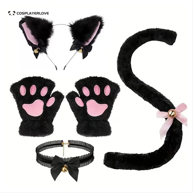 귀여운 고양이 발 장갑, 겨울 만화 소녀 오픈 손가락 장갑, 벨 머리띠, 고양이 귀 모자, 4 개 세트