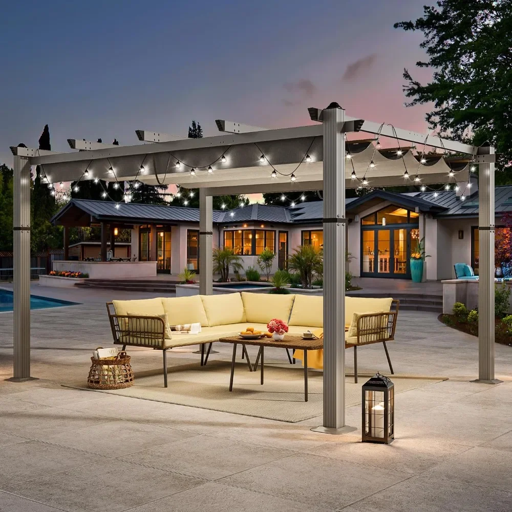 10x13ft Pergola Outdoor, Retractable Aluminum Pergolas w/Sun Shade Modern Patio Canopy, Heavy Duty Pergolas Shelter