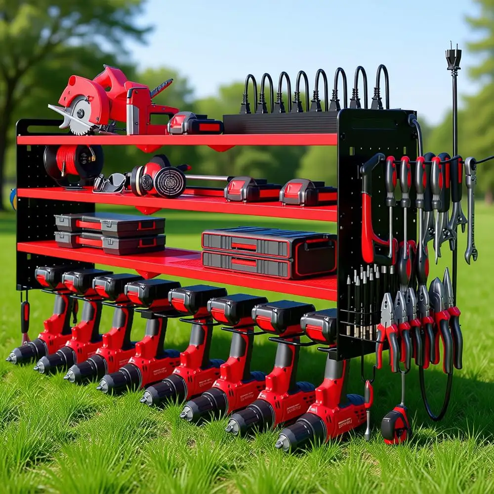 

Wall-Mounted Power Tool Organizer with Charging Station, 8-Drill Holder, 4-Tier Storage Rack, and 8-Outlet Power Strip - Red