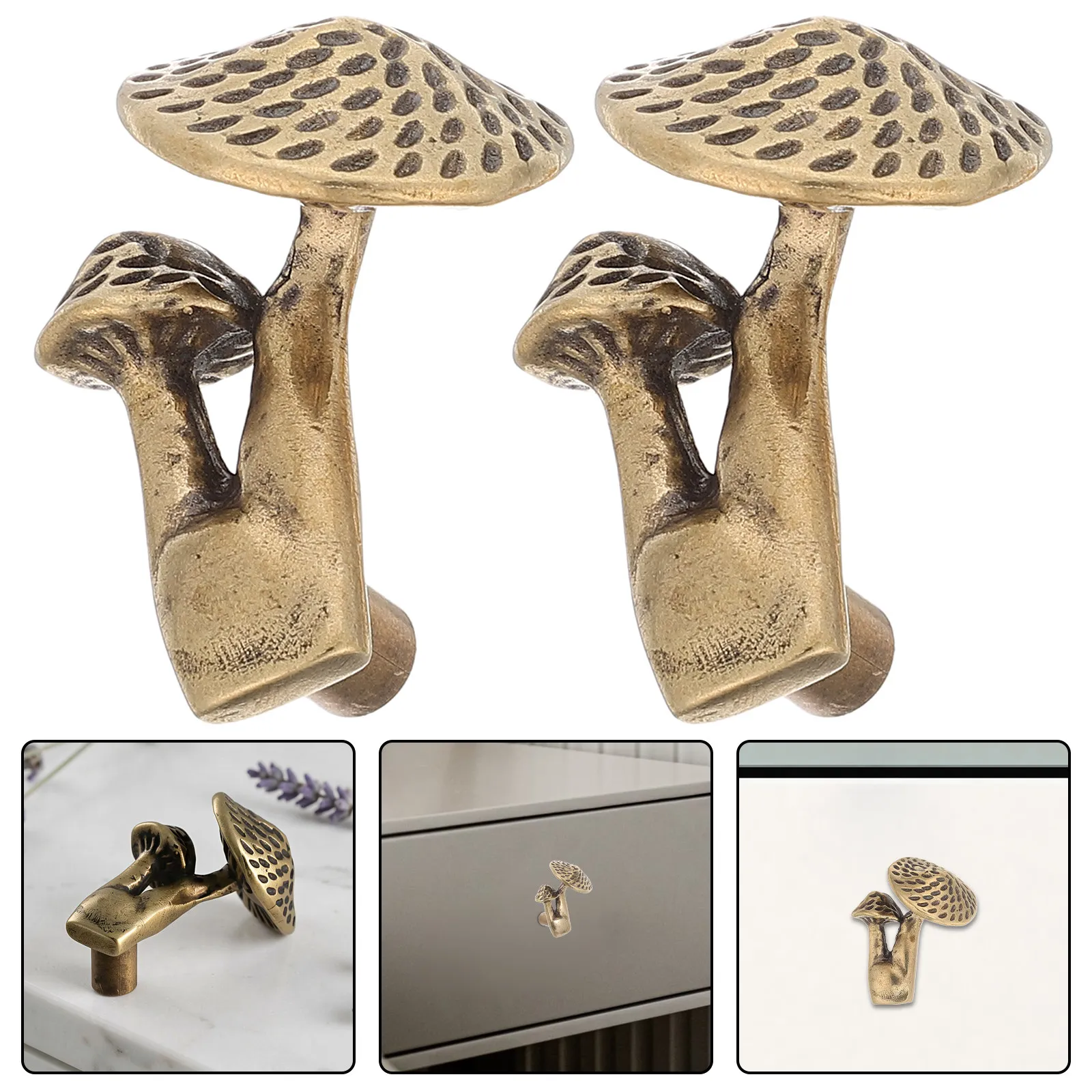 2Pcs Brass Mushroom Door Knobs Vintage Decorative Cabinet Drawer Pulls Wardrobe Handles for Furniture Drawer Knobs