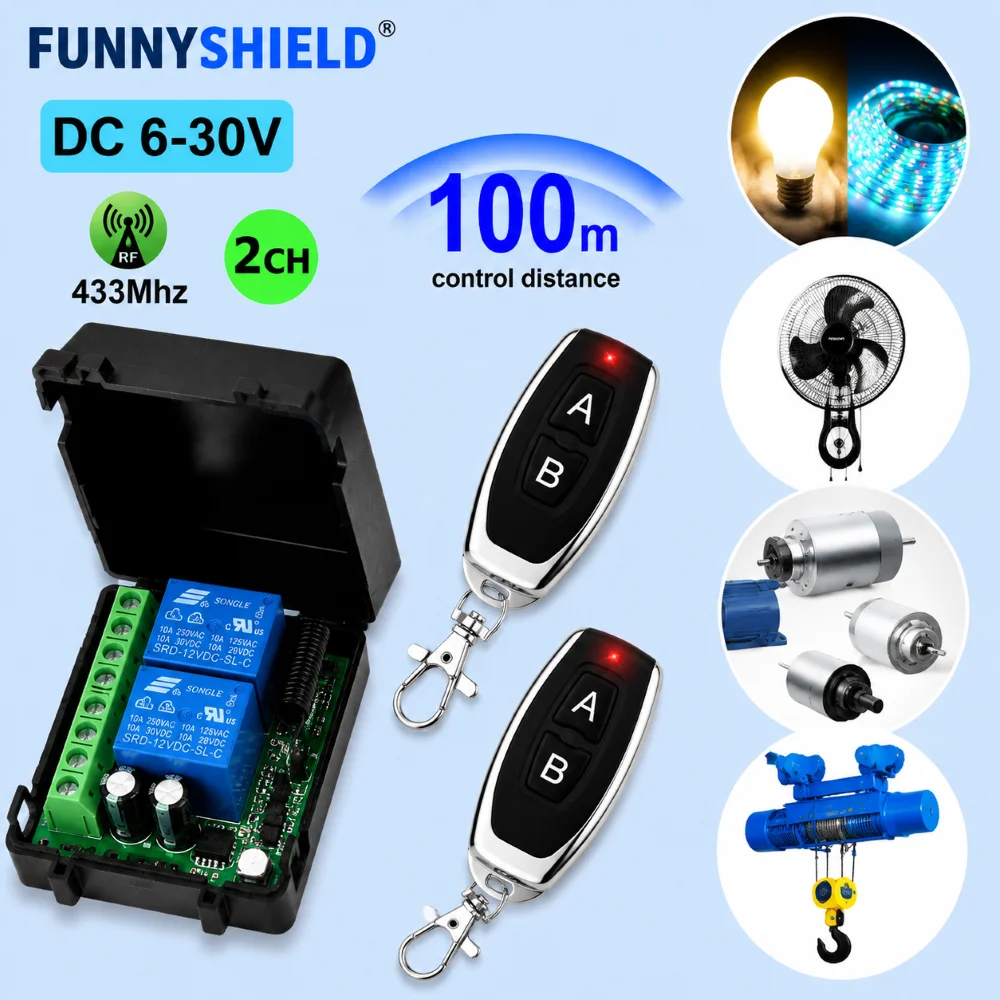 FUNNYSHIELD RF 433MHz Wireless Remote Control Switch DC 12V 24V 2CH Relay Module Receiver ON OFF Remote For Led Lights Bulb DIY