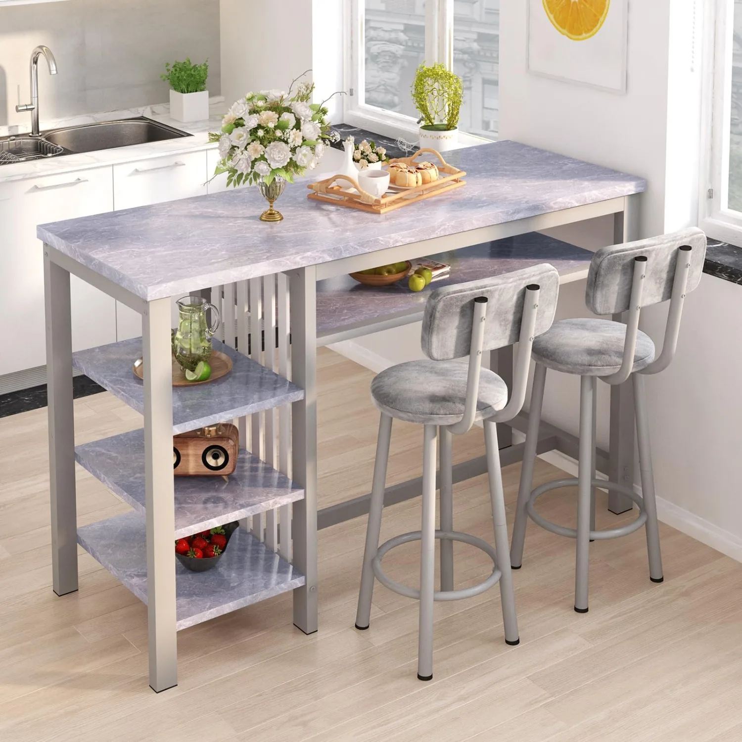 3-Piece Bar Table and Chairs Set, Modern Gray Table with 2 PU Cushion Bar Stools, Kitchen Counter with 3 Tier Storage