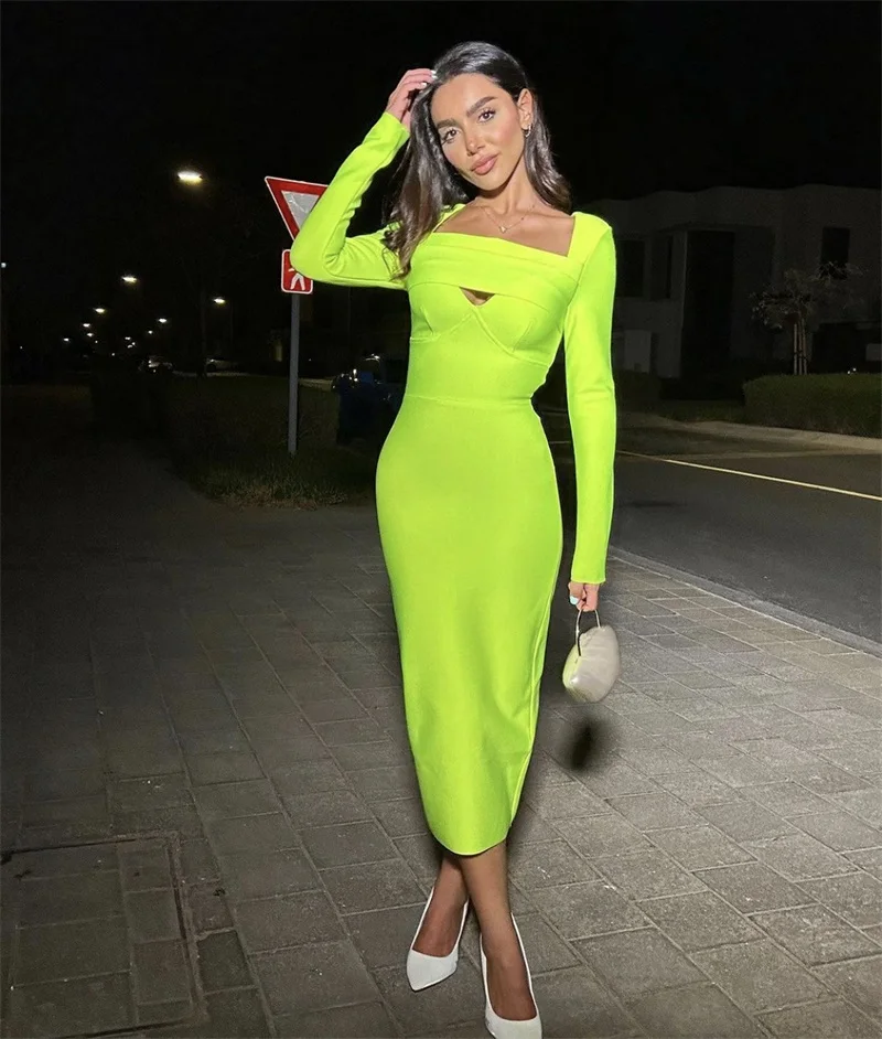 Fluorescen Green Bandage Skirt Prom Dress Full Sleeves Sexy Formal Back Split Evening Dress Party Gown In Stock