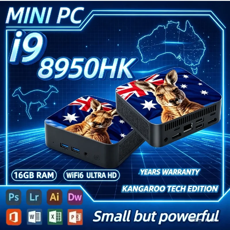 Core i9‑8950HK High‑Performance Gaming Desktop Mini PC 2026 New 16GB RAM 2TB SSD 4K UHD Outputs Portable Australia Kangaroo Flag