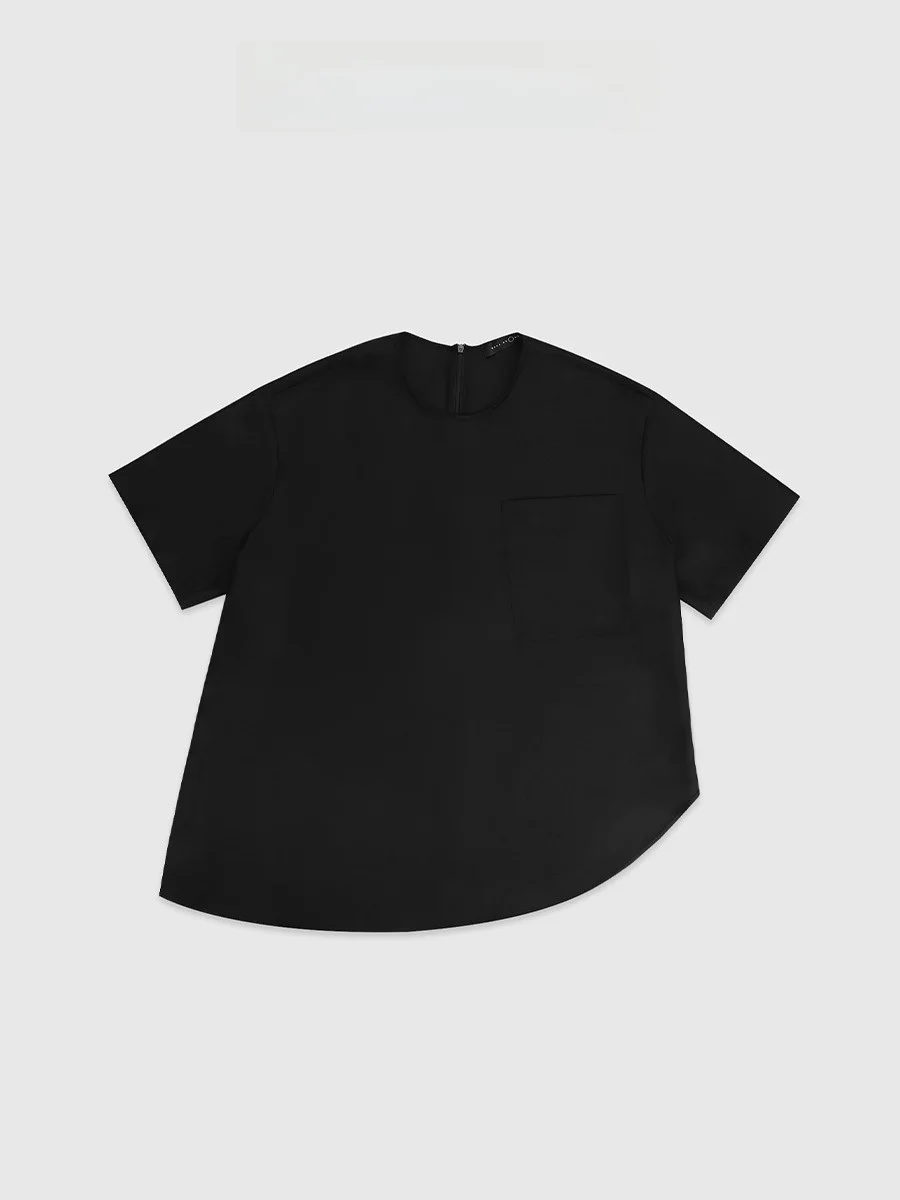 

Асимметричная футболка с коротким рукавом и круглым вырезом, свободного кроя, с черной окантовкой, тонкая, летняя, женская, в стиле BaAtOne Design.