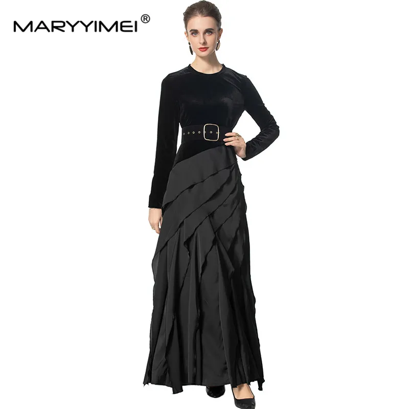 MARYYIMEI Fashion design Women's Straight Dress Long-Sleeved High waist Splicing Pretty Slim Dresses With Belt