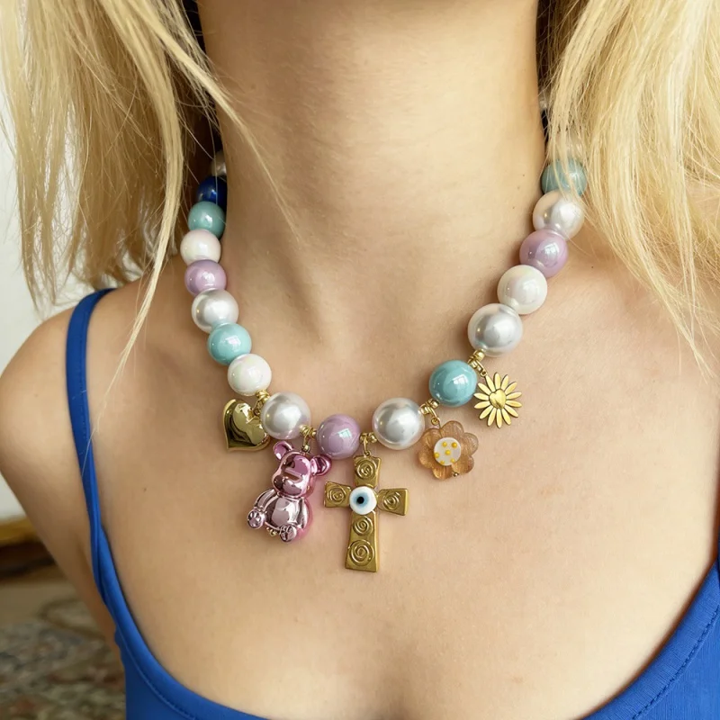 Y2K Sweet Cool Cross Bear Resin Dopamine Illusion Bead Necklace
