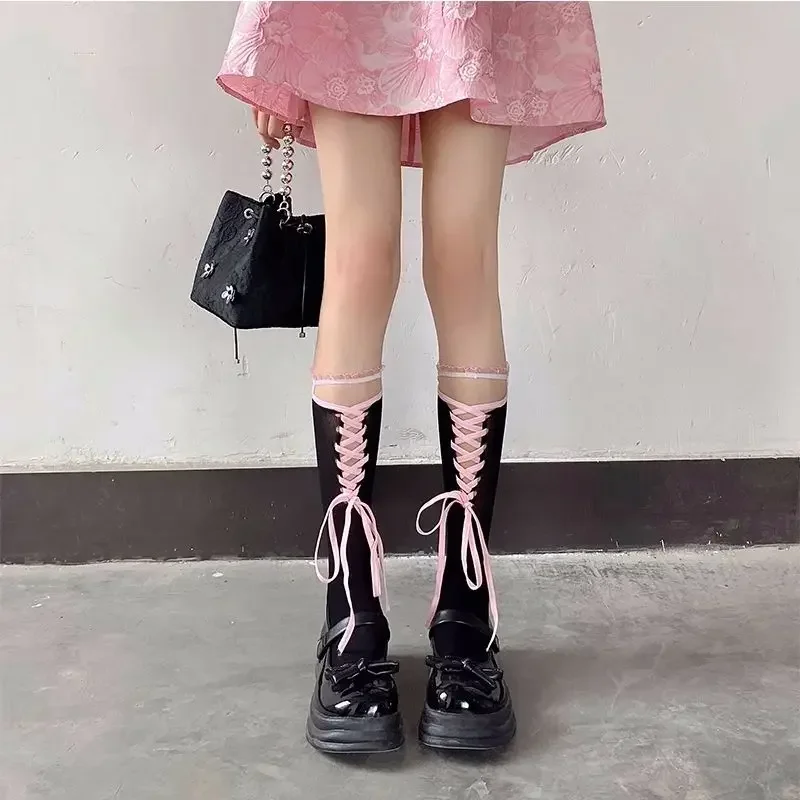 Lolita Girls Kawaii Knee High Lace Socks Women Sexy Fishnet DIY Bandage Bow Stockings Ins JK School Imitation Shoelace Mesh Sock