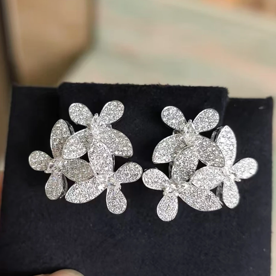 New Solid 925 Sterling Silver With High Carbon Diamonds Three Butterfly Earrings Luxury Fine Flower Jewelry For Women Party