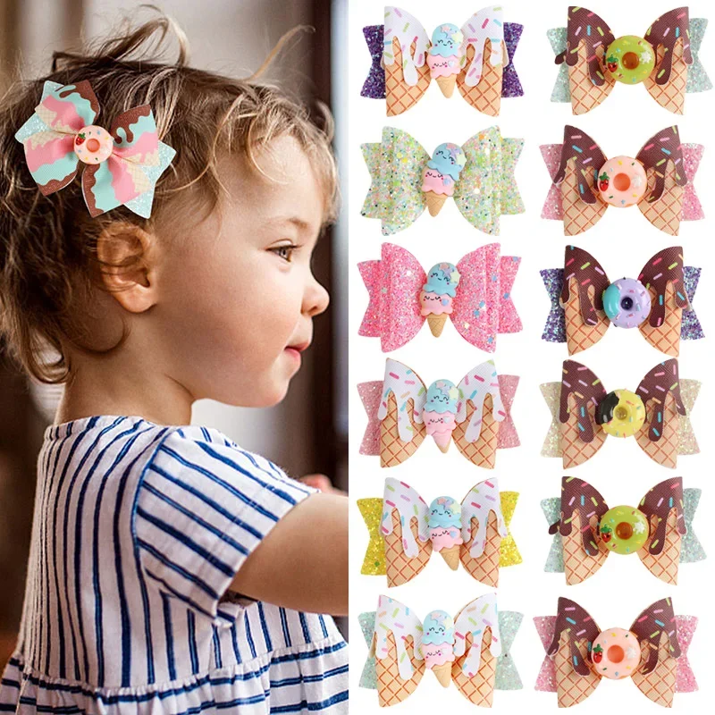 Sweet Ice Cream Hair Clips For Girls Glitter Bows Donut Hairpins Cartoon Daily School Barrettes Kids Headwear Hair Accessoires