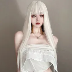 Lolita Wig Long Straight white Wig with Bangs Headband Synthetic Wigs for Women Human Hair