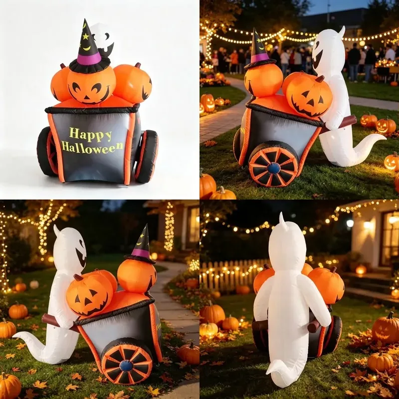 Outdoor Inflatable Ghost Pumpkin Cart Halloween Decorations Durable Oxford Fabric Material Suitable for Family Yard Holiday