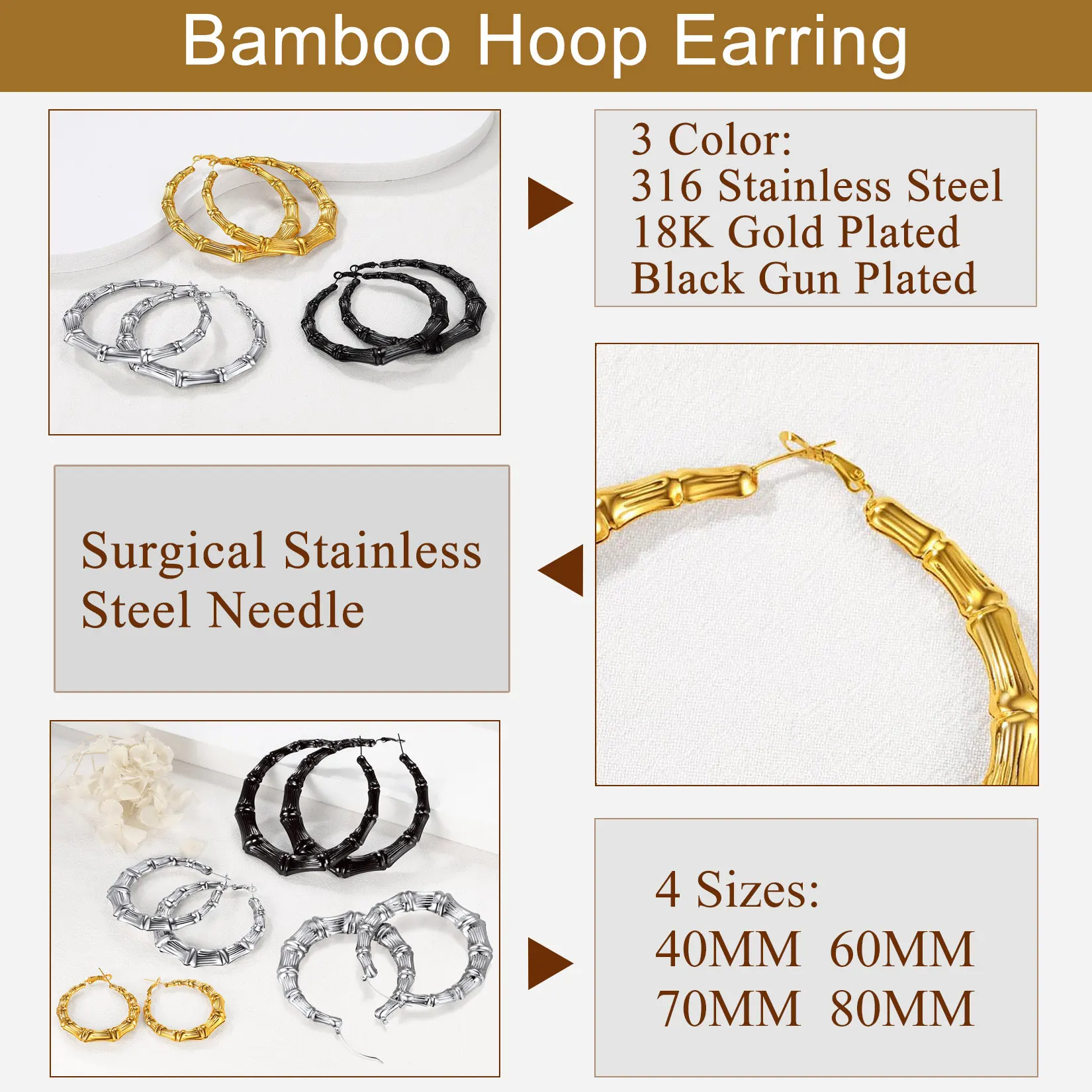 U7 Hyperbole Big 40/60/70/80mm Diameter Bamboo Hoop Earrings for Women 14K Gold Color Geometric Earring Statement Jewelry