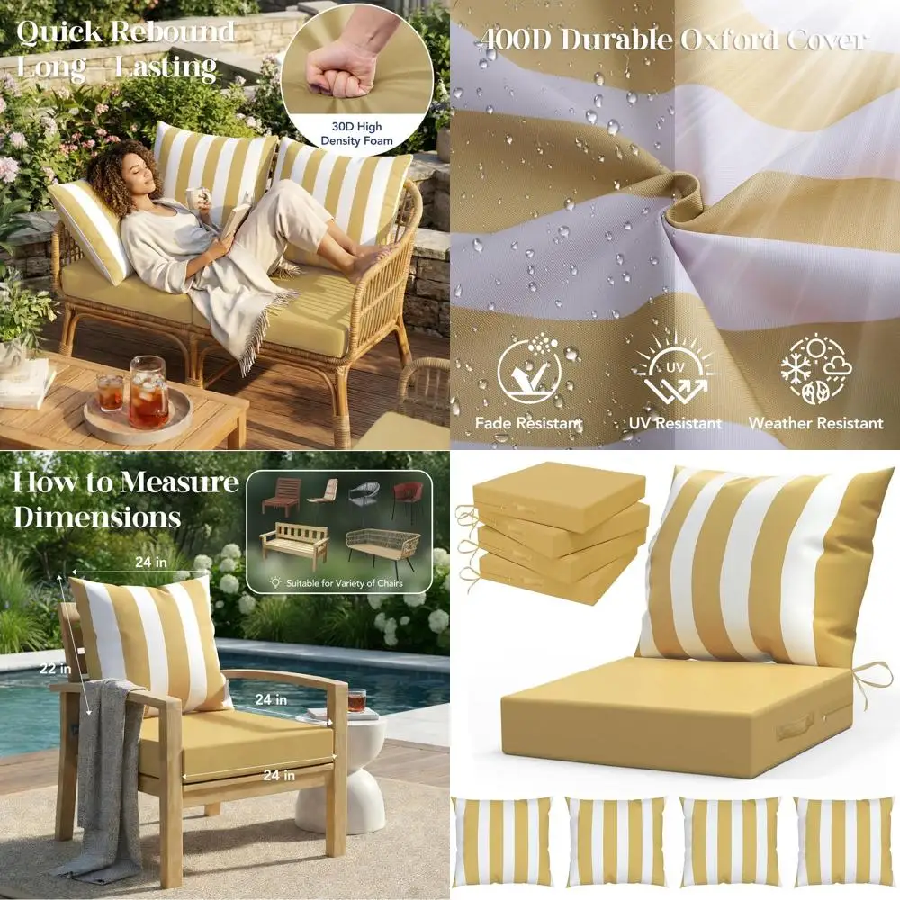 

Подушки для садовых стульев 24x24 дюйма с глубоким сиденьем и спинкой - водонепроницаемые, устойчивые к внешним воздействиям, комплект из 4 штук, цвета хаки и белый.