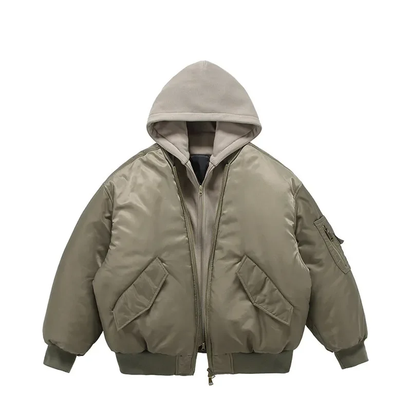 Fake Two Pilot Cotton Jackets Mens Winter New High Street Trend Thickening Hooded Bomber Coats Multiple Pockets Short Parkas
