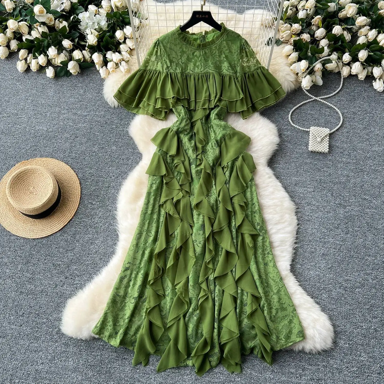 ヴィンテージエレガントなoネックパッチワークレースフリルフレアスリーブ甘いドレス女性の基本ファッション夏春ドレス