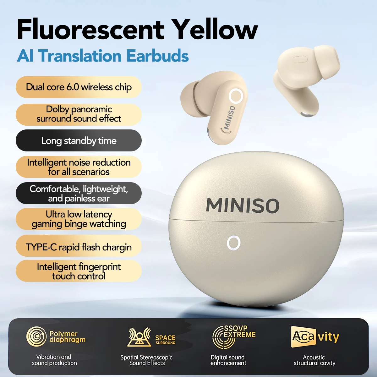 Fones de Ouvido Sem Fio MINISO MS122 TWS Bluetooth com Redução de Ruído ENC e Controle por Toque HiFi