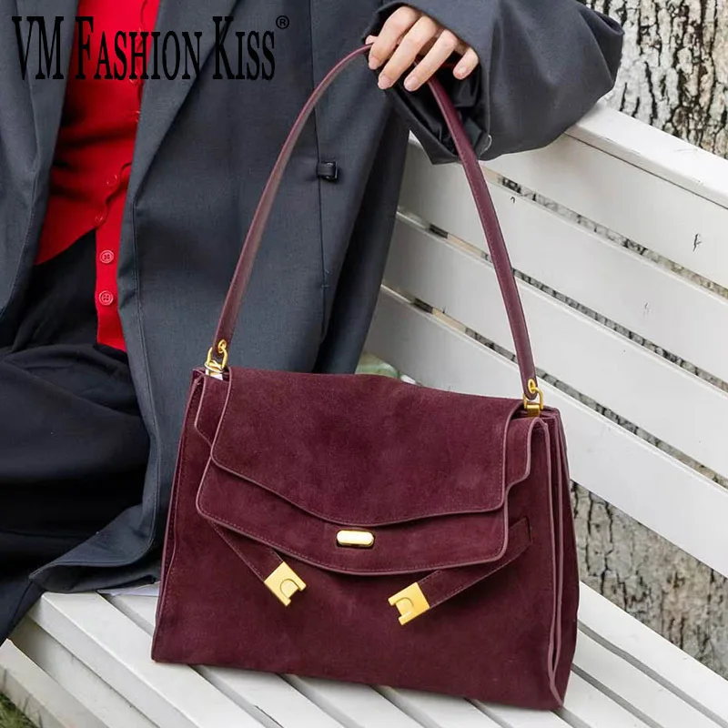 VM FASHION قبلة الجلد المدبوغ حقيبة نسائية كبيرة فاخرة جلد الغزال الشتاء حقيبة جلد البقر حقائب اليد والمحافظ خمر حقيبة حمل نسائية
