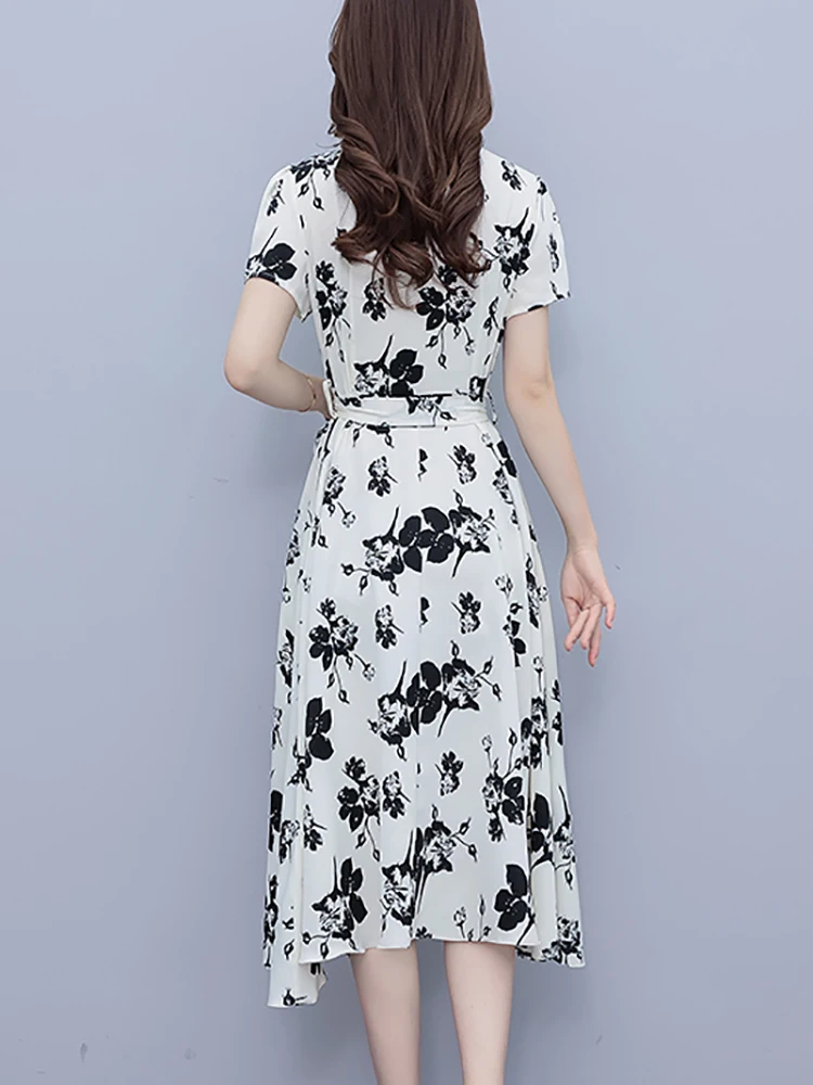 2024 New White Floral Short Sleeve V-Neck Midi Dress Summer Black Elegant Casual Home Dresses Women Korean Fashion Bodycon Robe