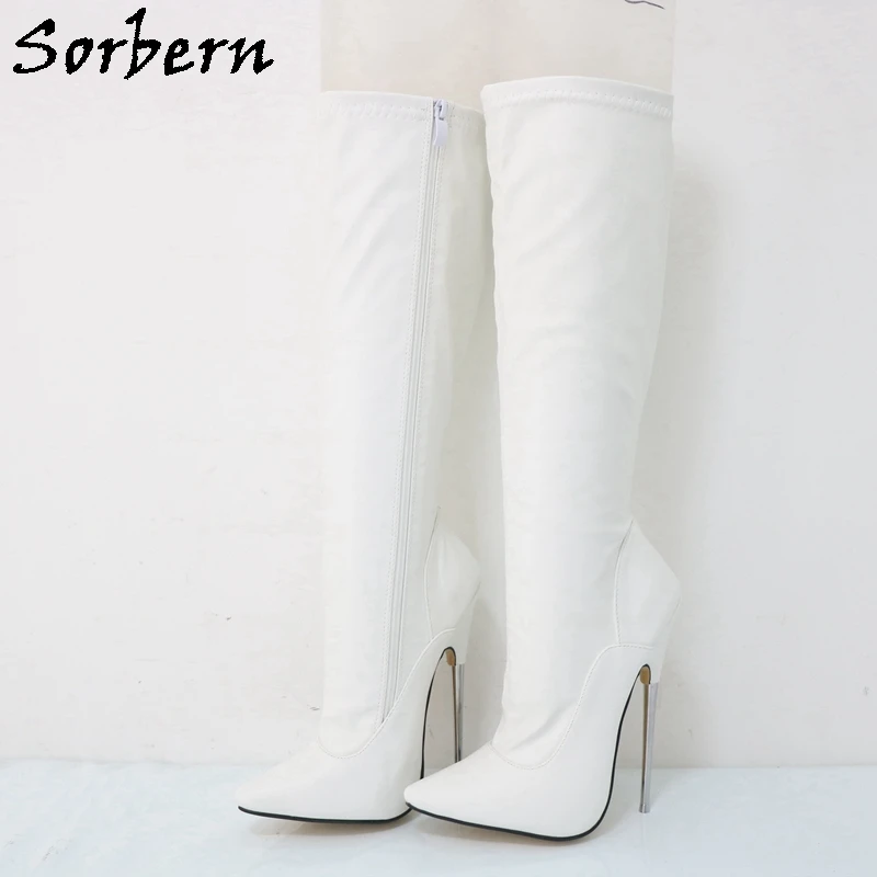 Sorbern White Matte Knee Length Women Boots 18 CM High Thin Metal Heels Pointed Toe Boots Unisex Custom Leg Fit Multi Color