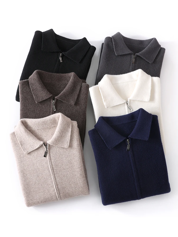 Chic Thick Cardigan Coat Men's 100% Merino Wool Knitwear Smart Casual Autumn Winter Polo Collar Zipper Sweater Soft Wool Tops
