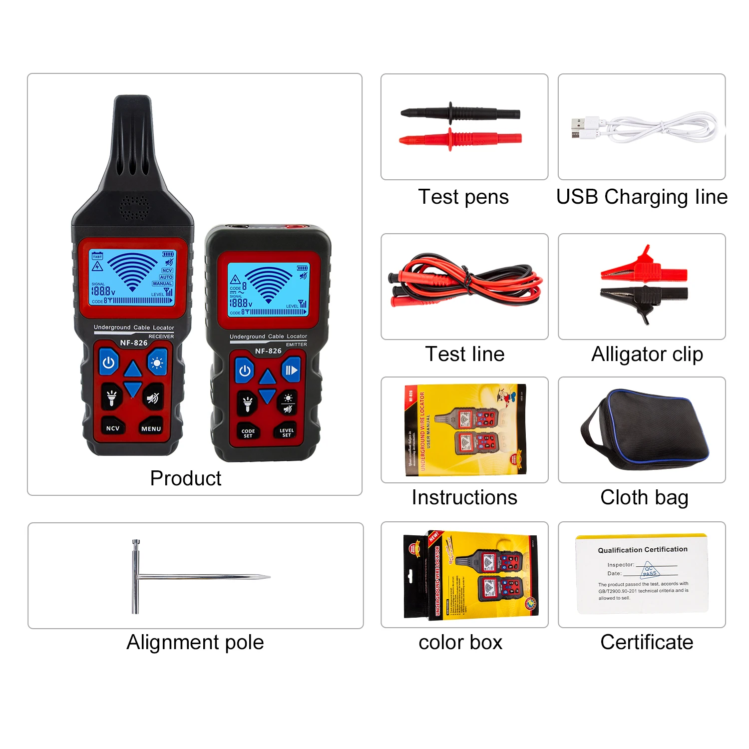 NOYAFA NF-826 Ondergrondse Kabelzoeker Anti-interferentie Kabeltester Visuele Fout Draad Tracer Hoog- en Laagspanning Kabelzoeker