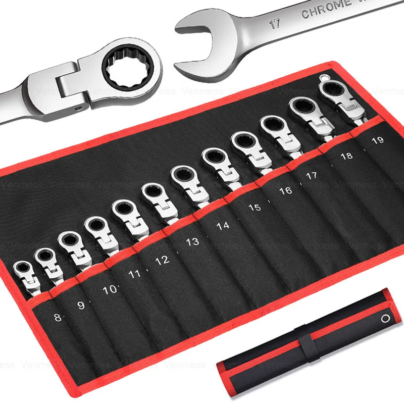 Ratcheting Combination Wrench Set Metric Flexible Head Spanner Set Chrome Vanadium Steel CR-V Flex-Head Ratchet Wrench Set