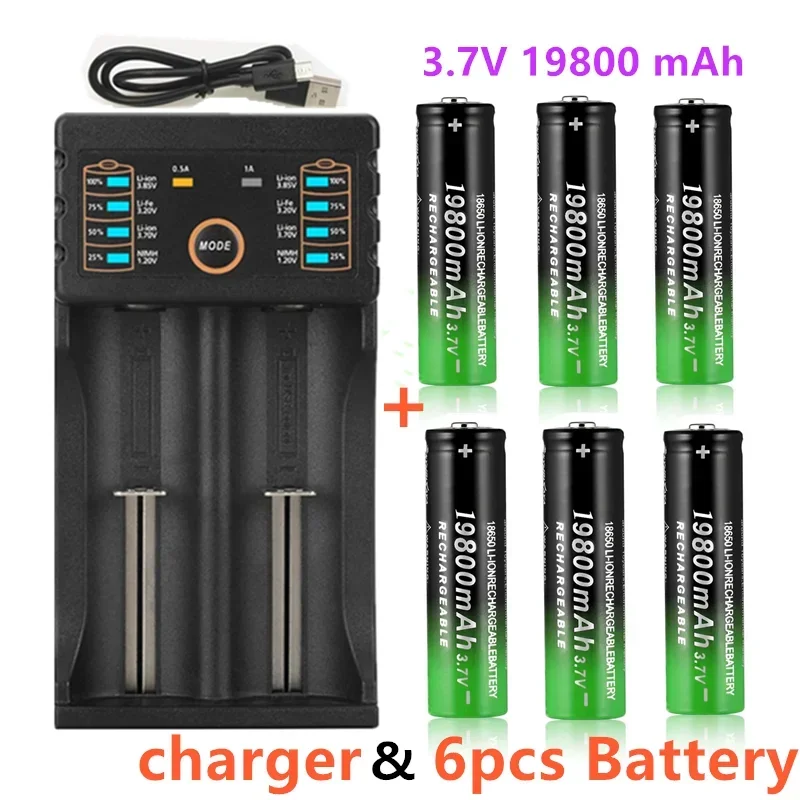 

100% New 18650 battery 3.7V 19800mAh rechargeable li-Ion battery with charger for Led flashlight batery litio battery+ Charger