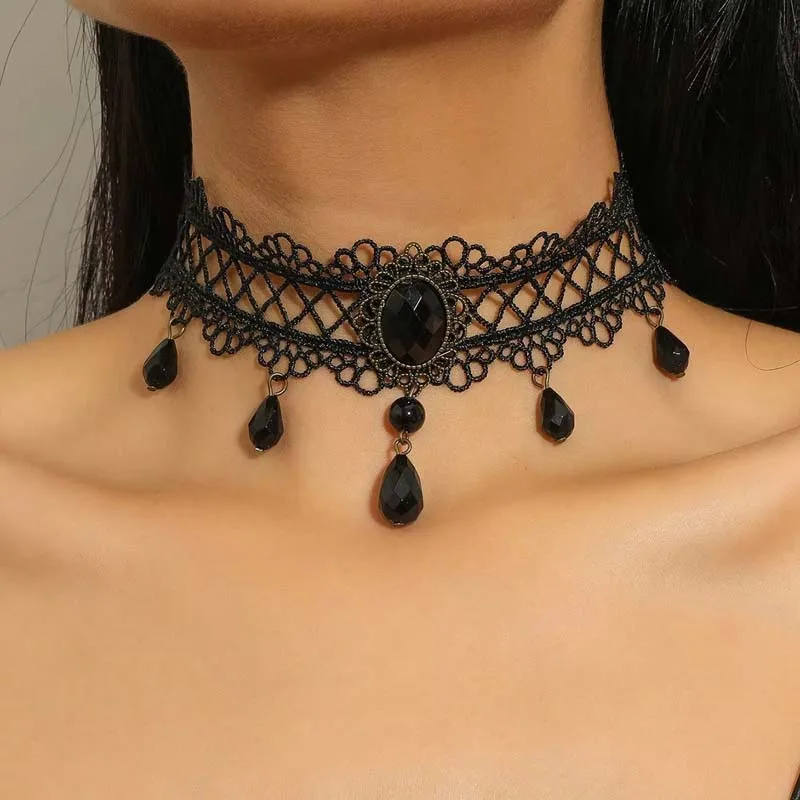 Vintage Black Lace Flower Choker Necklace for Women Fashion Classic Crystal Tassel Beaded Chain Necklace Jewelry Gifts