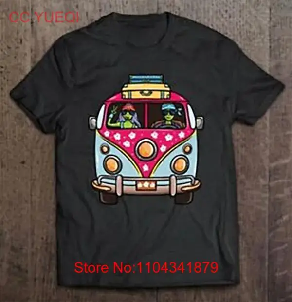 Vintage Hippie Van Flower Bus Aliens Peace Sign Men Black T Shirt Size S-5XL