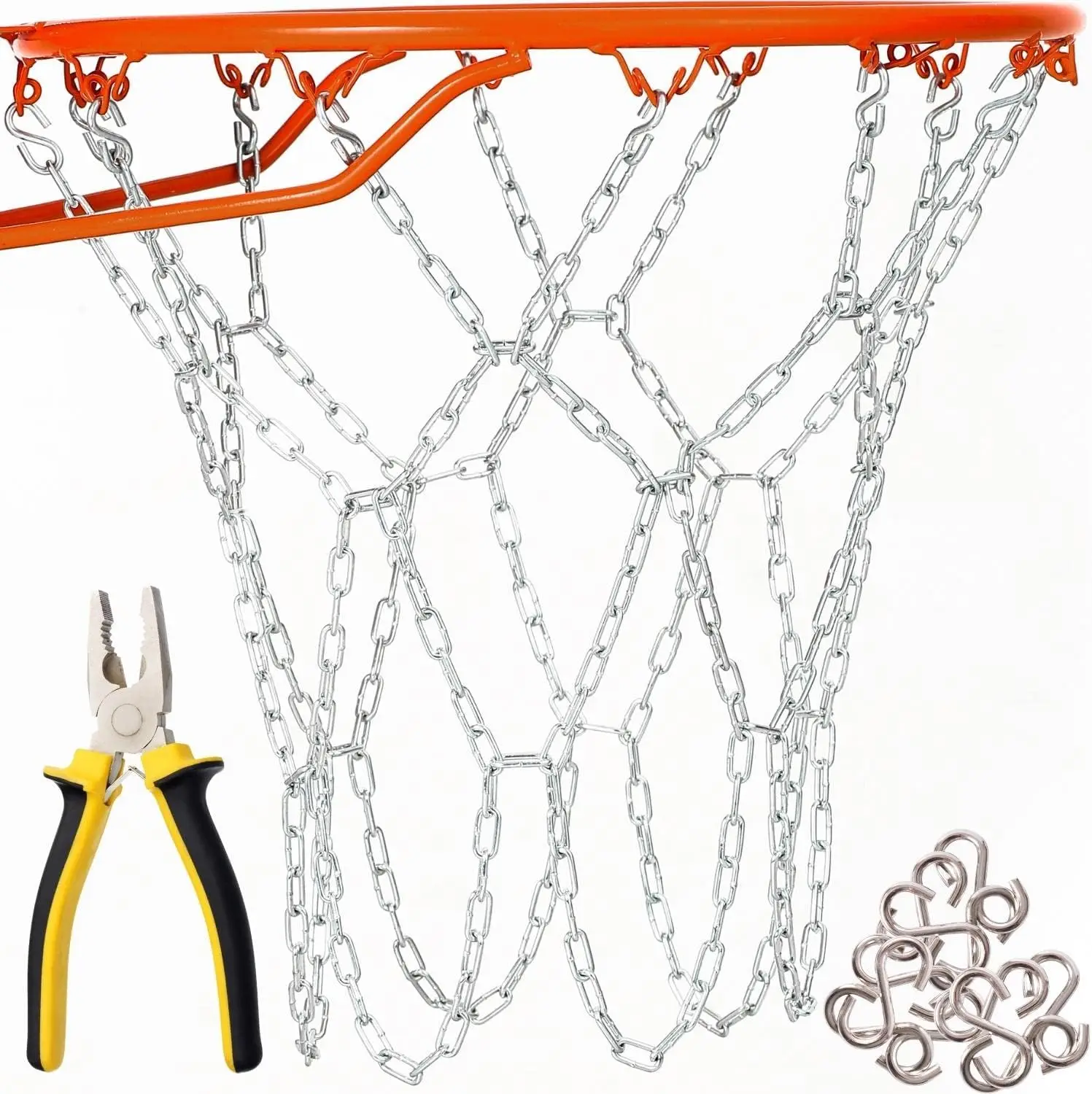 Red de Baloncesto de Cadena Metálica Resistente, Reemplazo de Red de Baloncesto de Hierro Galvanizado Resistente a la Oxidación de 21 Pulgadas con 12 Ganchos en S y Alicates, para Todo Tipo de Clima