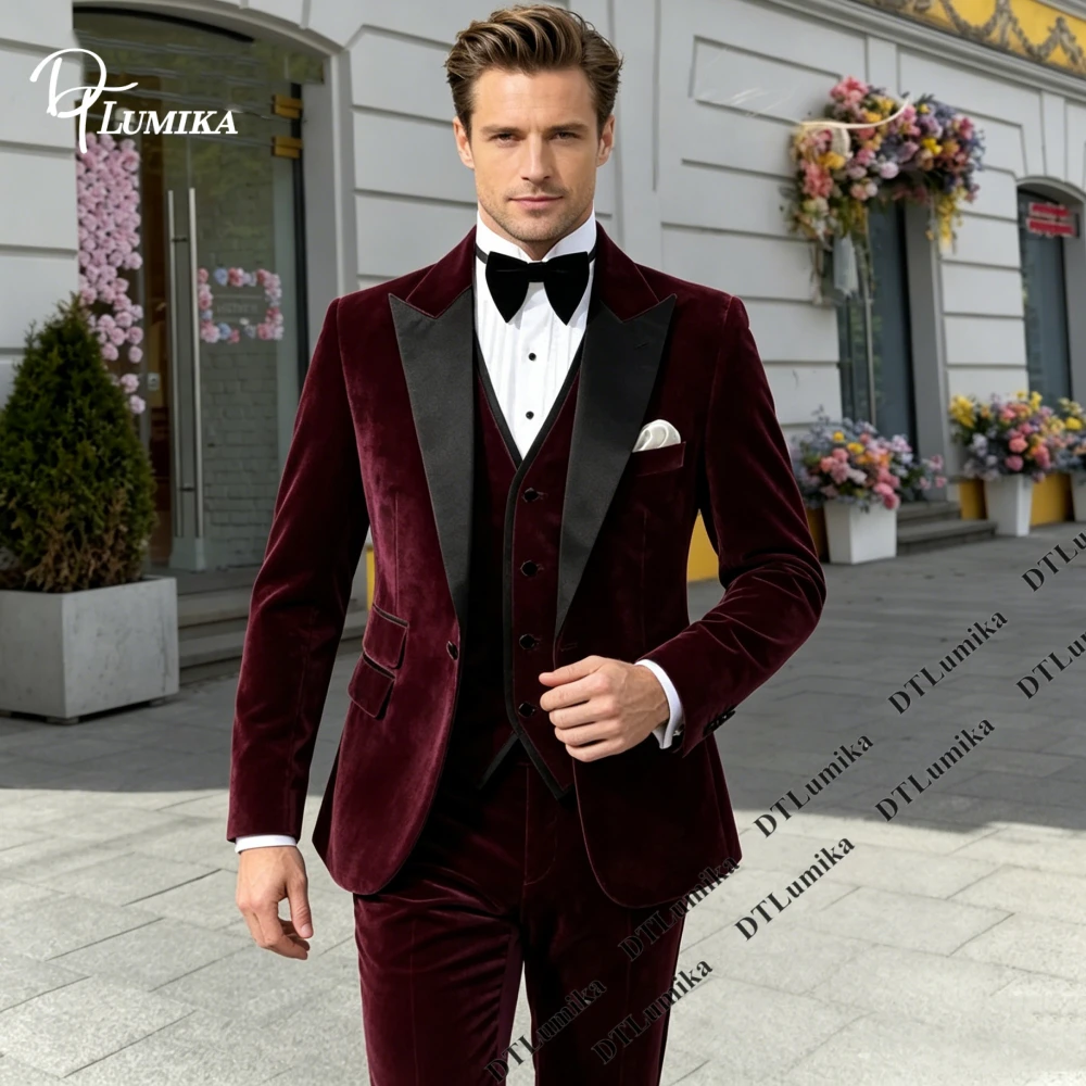 Personalized Men Suit Three Piece Velvet Jacket Pants Waistcoat Regular Fit Men's Formal Business Wedding Suit Prom Tuxedo