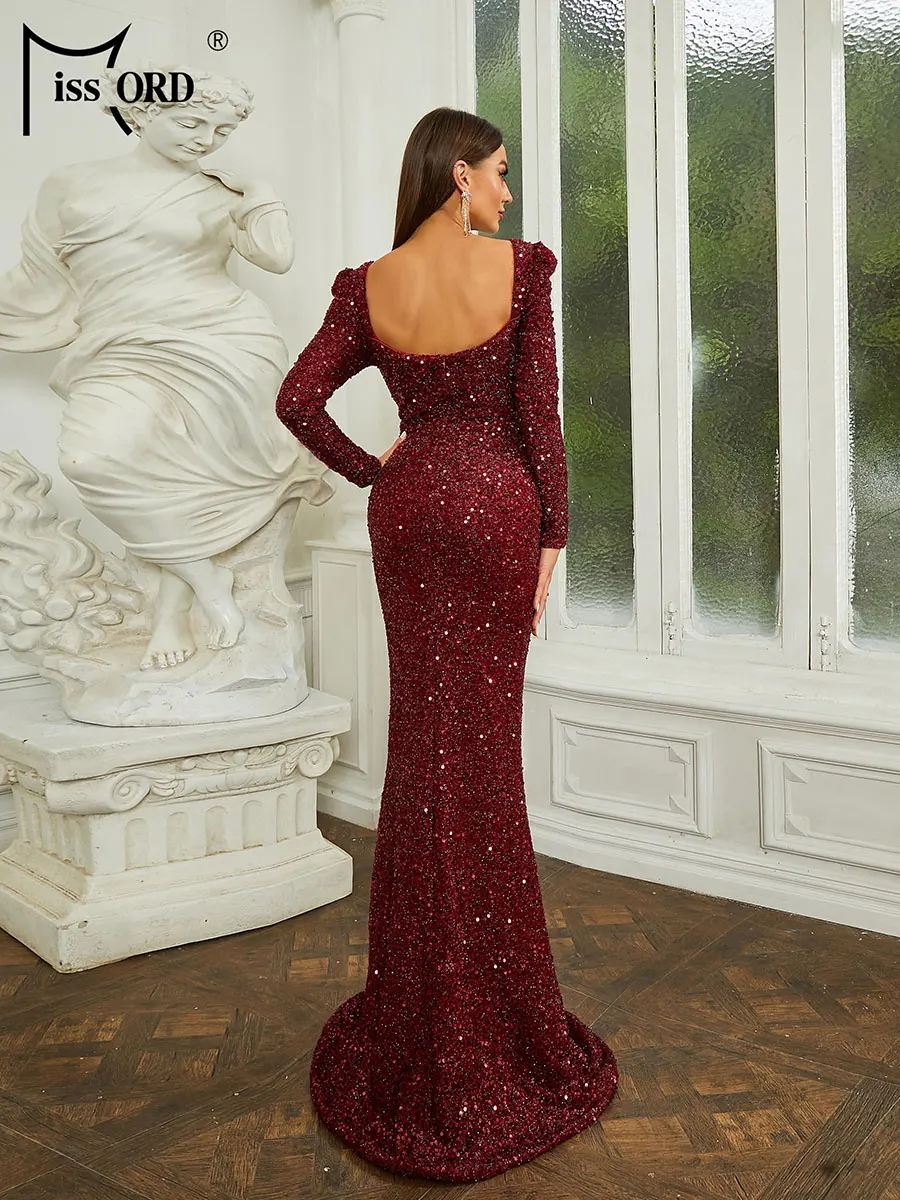 Missord Elegant Red Sequin Prom Dress Women Sweetheart Neck Long Sleeve See Through Bodycon Mermaid Party Evening Dresses Gown