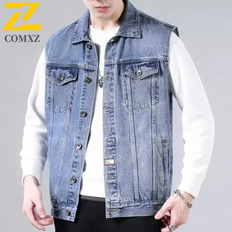 

COMXZ Hip Hop Sleeveless Denim Jacket Mens 2025 Spring Autumn Fashion Blue Washed Work Vest Man Street Casual Baggy Jeans Jacket