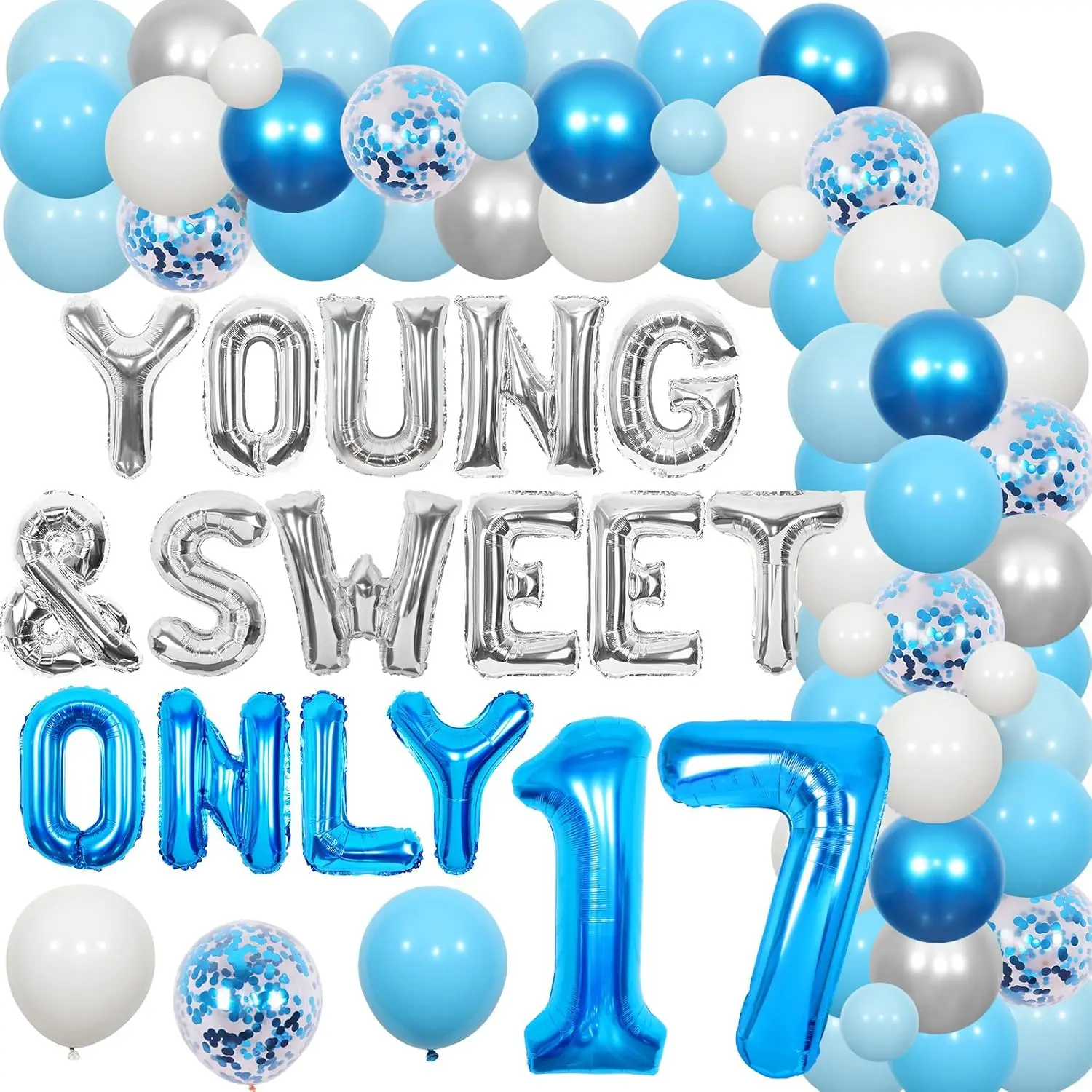 17th Birthday Decorations for Girls Young and Sweet Only 17 Balloon Arch Blue Silver Dancing Queen 17th Birthday Party Supplies