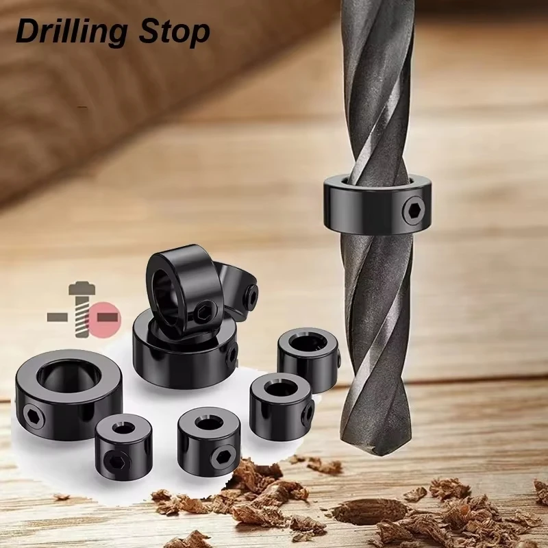 

Adjustable Drill Depth Stop Bit Collar Set Positioner Limit Ring Allen Wrench Tighten The Stopper Set-Screws Woodworking Tool